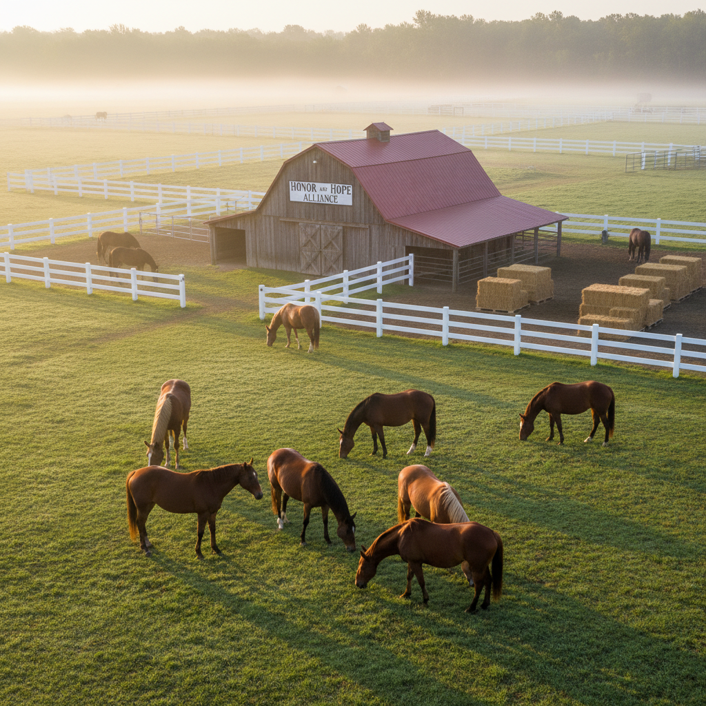 A calm, wide view of Double R Ranch at sunrise, with several strong, well-groomed horses grazing in a dewy green pasture enclosed by white wooden fencing. The rustic barn with a clean “Honor and Hope Alliance” sign is visible in the middle distance, flanked by tidy corrals and neatly stacked hay bales. Soft golden morning light filters through light mist, creating long gentle shadows across the grass and a faint glow along the horses’ backs. Photographic realism, shot from a slightly elevated angle with sharp focus throughout, conveying a professional yet deeply peaceful atmosphere of safety, healing, and open space.