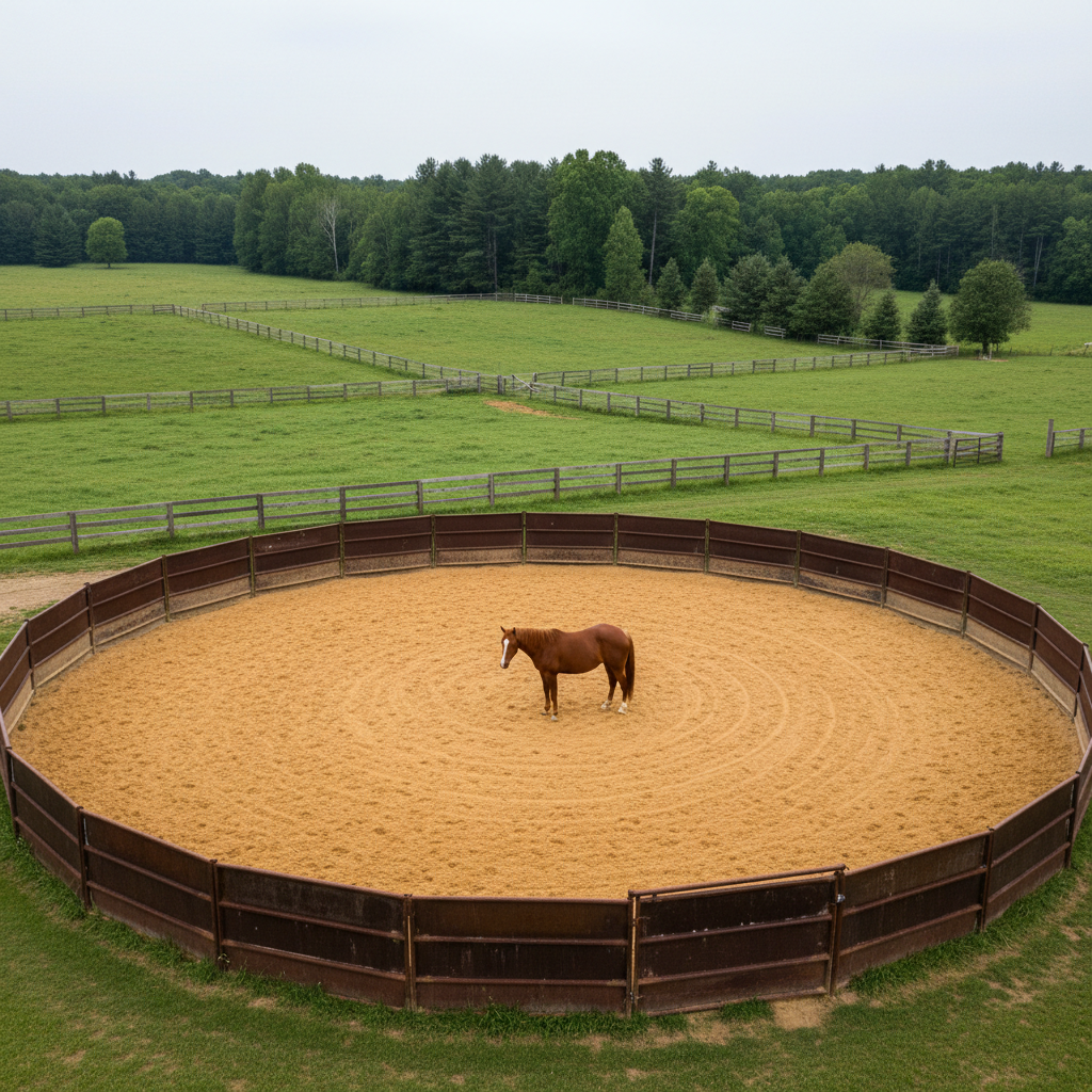 A peaceful round pen scene at Double R Ranch, captured from above at a slight angle: a single chestnut horse calmly standing in the center of a meticulously groomed sand arena, enclosed by well-maintained metal panels. Beyond the pen, rolling pastures, sturdy fencing, and a distant tree line stretch under a soft overcast sky. The diffused, even light reduces harsh shadows, enhancing the feeling of emotional safety and reflection. Photographic realism with broad depth of field, balanced composition using the circular pen as a strong visual anchor, reflecting the structured, supportive environment of equine therapy work for veterans.