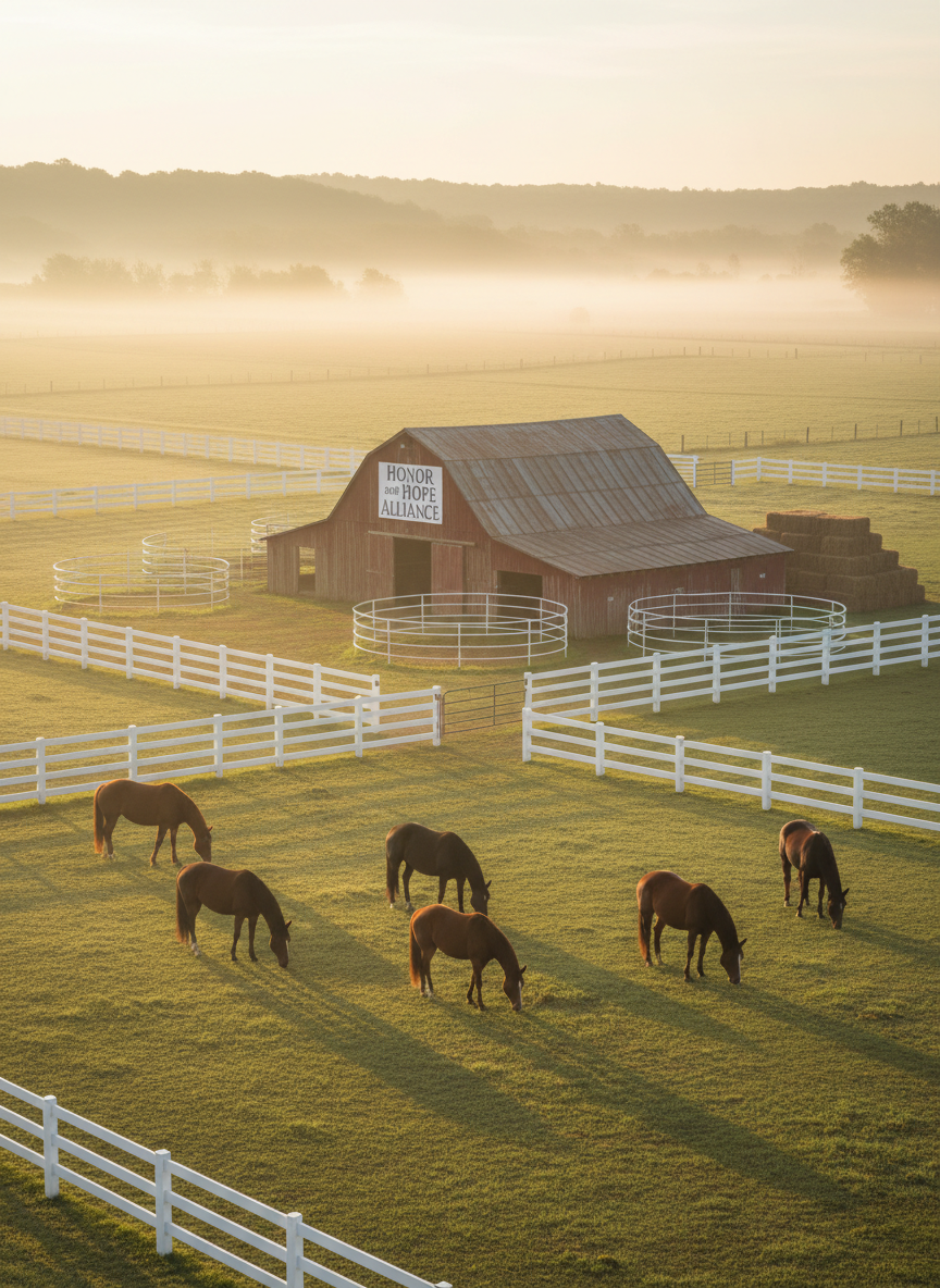 A calm, wide view of Double R Ranch at sunrise, with several strong, well-groomed horses grazing in a dewy green pasture enclosed by white wooden fencing. The rustic barn with a clean “Honor and Hope Alliance” sign is visible in the middle distance, flanked by tidy corrals and neatly stacked hay bales. Soft golden morning light filters through light mist, creating long gentle shadows across the grass and a faint glow along the horses’ backs. Photographic realism, shot from a slightly elevated angle with sharp focus throughout, conveying a professional yet deeply peaceful atmosphere of safety, healing, and open space.