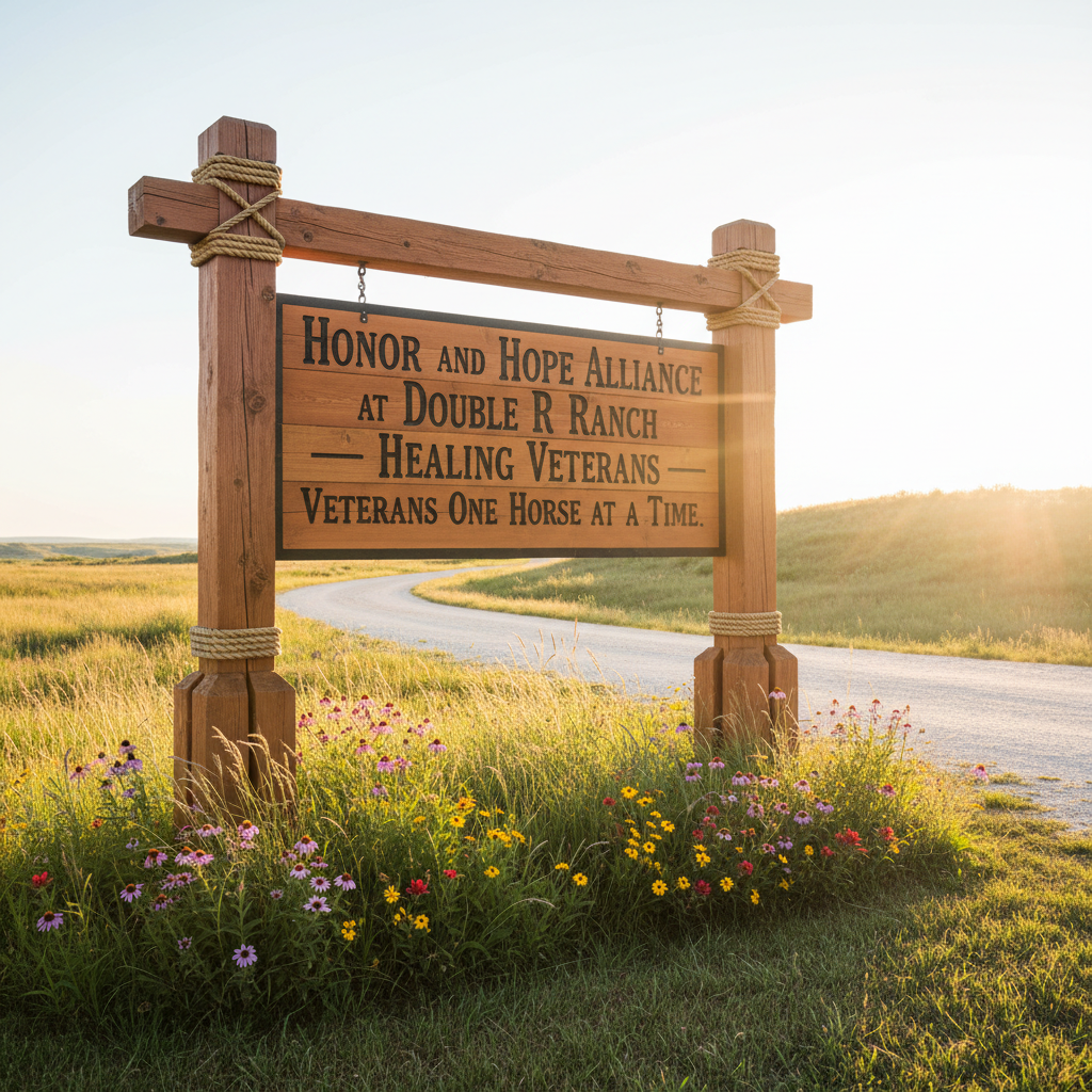 A sturdy wooden ranch sign at the entrance to Double R Ranch, carved with the words “Honor and Hope Alliance at Double R Ranch – Healing Veterans One Horse at a Time.” The sign is made of rich, weathered cedar with clean, professionally engraved lettering, supported by square timber posts wrapped with simple rope accents. Wild prairie grasses and native flowers grow around the base, and a gravel driveway curves invitingly into the distance. Late afternoon sunlight casts a warm, dignified glow, with long shadows and gentle lens flare. Photographic realism, eye-level framing, crisp focus, conveying credibility, welcome, and purpose.