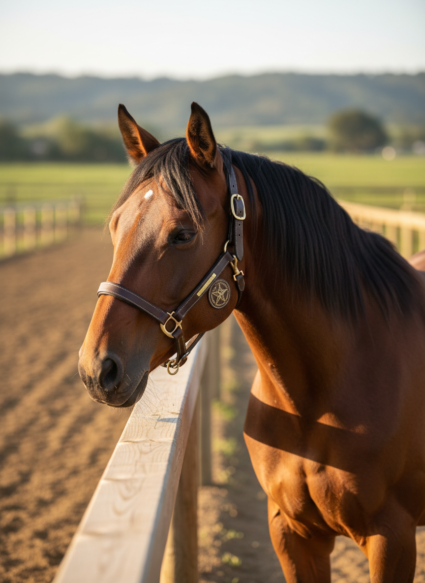 A close-up of a calm bay therapy horse standing at a clean hitching rail, its glossy coat and neatly brushed mane catching the warm afternoon light. The horse wears a well-fitted leather halter with a subtle emblem of a ribbon and star, symbolizing honor and hope. Behind it, a neatly swept ranch aisle leads toward open paddocks and green hills, all slightly out of focus for a gentle bokeh effect. Photographic realism, eye-level composition, with soft golden light creating warm highlights and delicate shadows, conveying trust, dignity, and quiet strength appropriate for a professional veteran healing program.