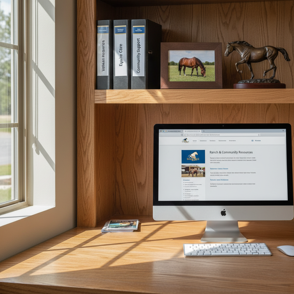 A dedicated resource corner inside a ranch office, featuring neatly arranged binders labeled “Veteran Resources,” “Equine Care,” and “Community Support,” standing on a smooth oak bookshelf. Beside them, a small framed photograph of a serene horse in the pasture and a bronze horse figurine add warmth. A desktop computer displays a clean, professional resource webpage with a subtle horse-and-ribbon logo in the header. Soft natural light from a nearby window illuminates the workspace, casting gentle shadows on the textured desk surface. Photographic realism, slightly elevated angle, orderly composition, projecting professionalism, organization, and supportive access to information.
