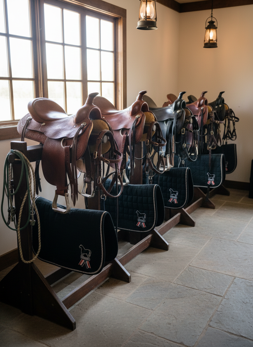 An orderly tack room at Double R Ranch, featuring a row of polished Western and English saddles mounted on sturdy wooden racks, each with matching bridles and neatly coiled lead ropes. Custom saddle pads embroidered with a small, tasteful logo combining a horse silhouette with a folded military-style ribbon hang on nearby hooks. Natural window light mixes with warm overhead barn lighting, creating soft, even illumination that highlights the textures of leather, wool, and wood. Photographic realism, slightly elevated angle, clean and organized composition, evoking professionalism, care, and readiness to support equine-assisted healing sessions.